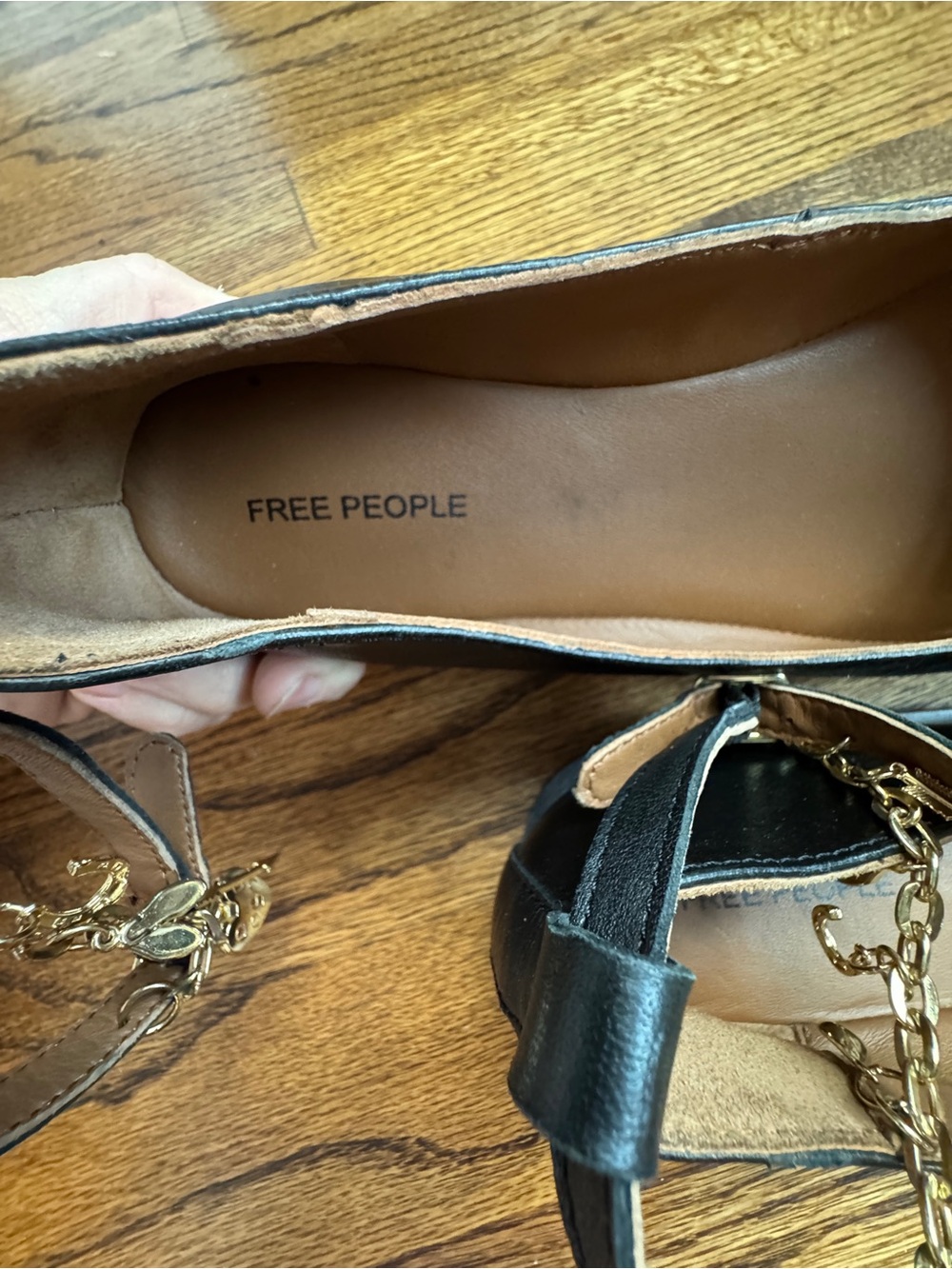 Free People Mystic Treasures Black Leather Charm Ankle Strap Ballet Flats Sz 7 - Picture 9 of 10